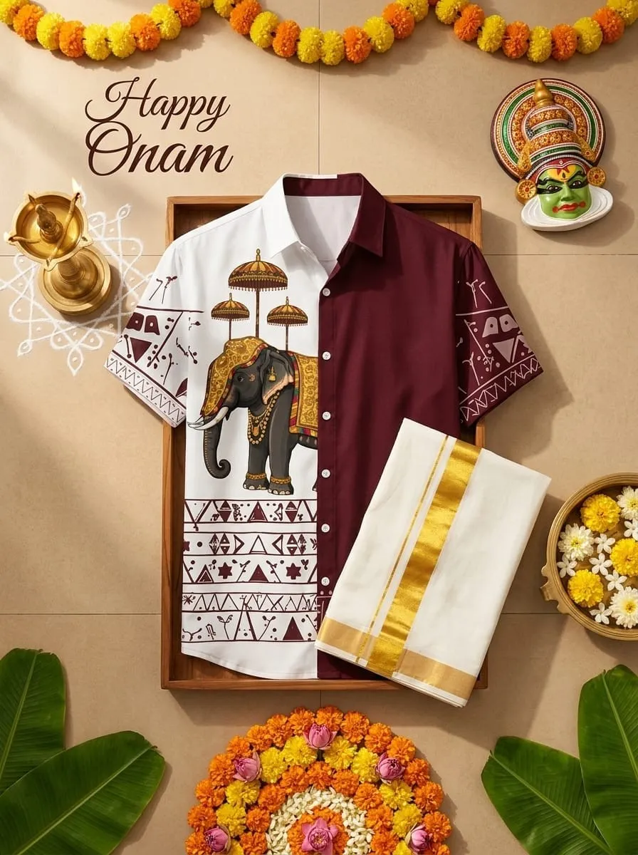 Guruvayur Maroon Ivory Elephant Print Gold Kara Mundu Dhoti Set